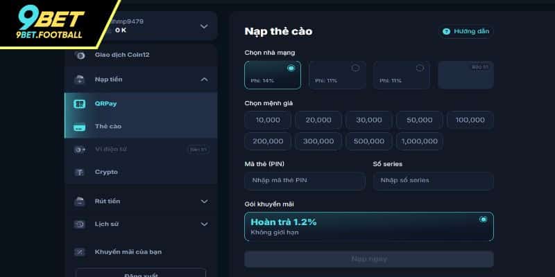 Quy trình khi nạp cược thông qua thẻ cào